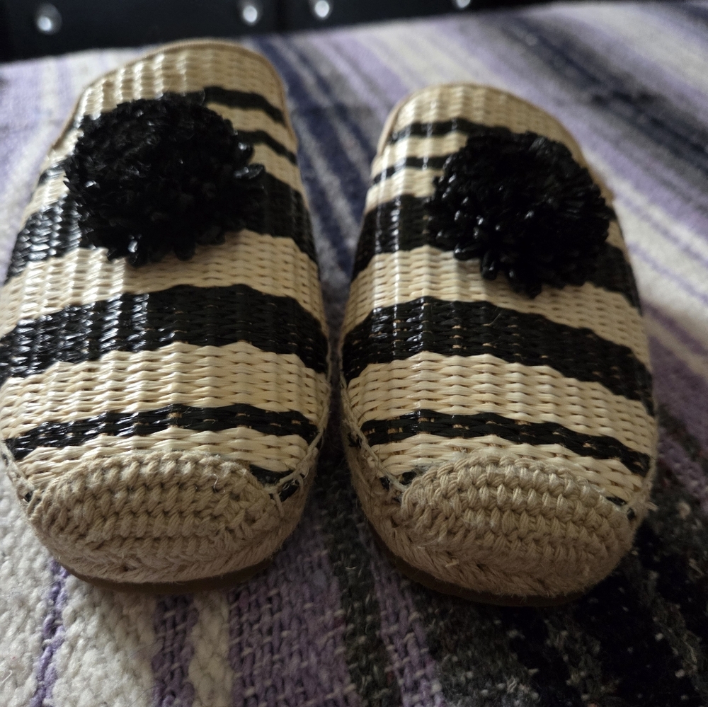Kate Spade Solero Raffia Espadrille Mules Striped Black Cream Pom Pom Slides - Picture 6 of 9